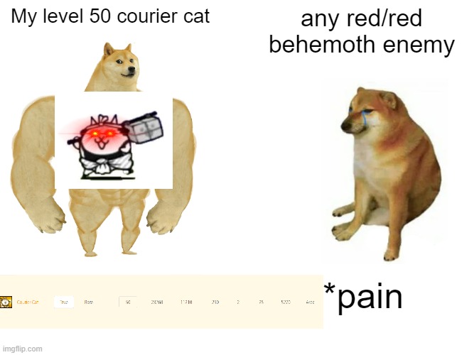 when the red behemoth enemy | My level 50 courier cat; any red/red behemoth enemy; *pain | image tagged in memes,buff doge vs cheems,battle cats,video games | made w/ Imgflip meme maker