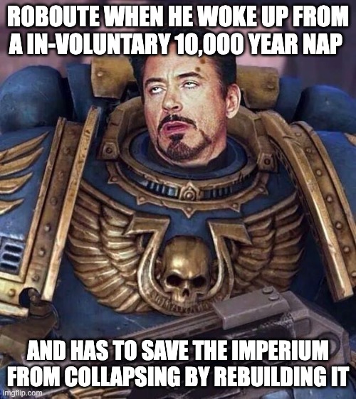 Robouteʻs Involuntary Nap | ROBOUTE WHEN HE WOKE UP FROM A IN-VOLUNTARY 10,000 YEAR NAP; AND HAS TO SAVE THE IMPERIUM FROM COLLAPSING BY REBUILDING IT | image tagged in robert downey face warhammer 40k | made w/ Imgflip meme maker