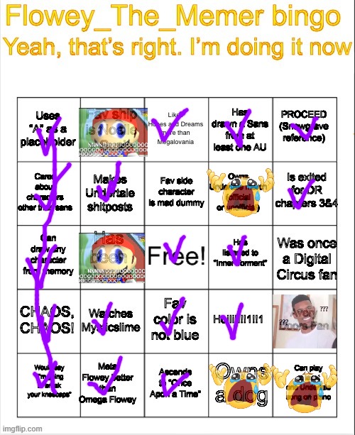 Mario one means "NO", Crying emoji means "Sadly I don't have them/ I can't do that" bruh | image tagged in flowey_the_memer bingo,bruh | made w/ Imgflip meme maker