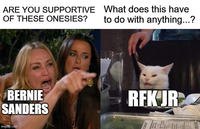 Who had "A sitting US Senator getting extremely belligerent about onesies" on their 2025 US politics bingo card? | ARE YOU SUPPORTIVE OF THESE ONESIES? What does this have to do with anything...? RFK JR; BERNIE SANDERS | image tagged in memes,woman yelling at cat,funny,bernie sanders,rfk jr | made w/ Imgflip meme maker