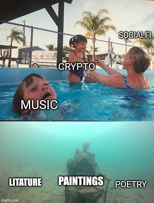 End of art | SOCIALFI; CRYPTO; MUSIC; PAINTINGS; LITATURE; POETRY | image tagged in mother ignoring kid drowning in a pool,poetry,music | made w/ Imgflip meme maker