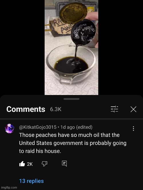 This was from a video about opening a can of 60-year-old peaches | image tagged in peaches,rotten,oil,united states,government,raid | made w/ Imgflip meme maker