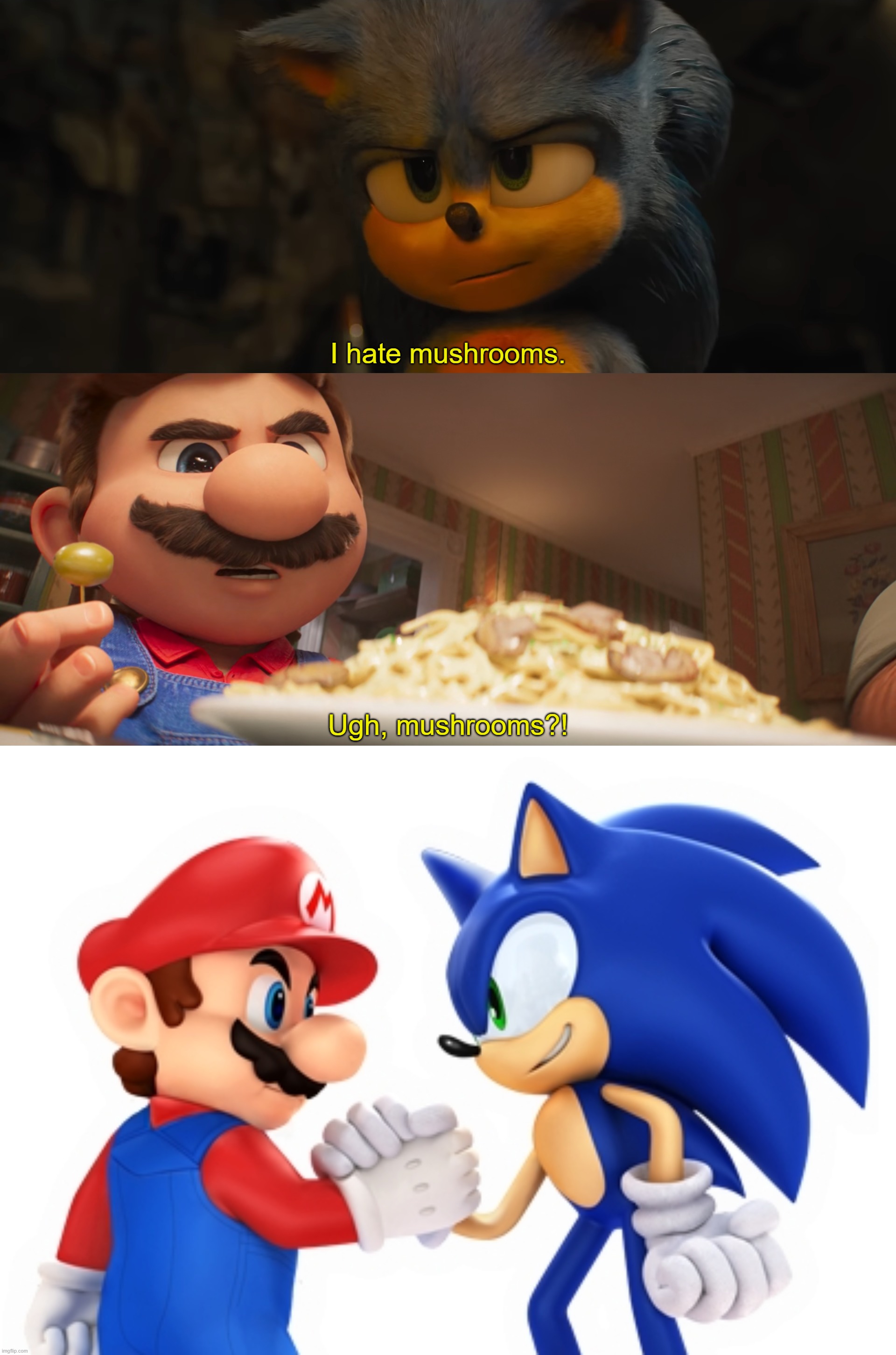 Meanwhile, me, who loves mushrooms: ;( | I hate mushrooms. Ugh, mushrooms?! | image tagged in mario and sonic,mushrooms | made w/ Imgflip meme maker