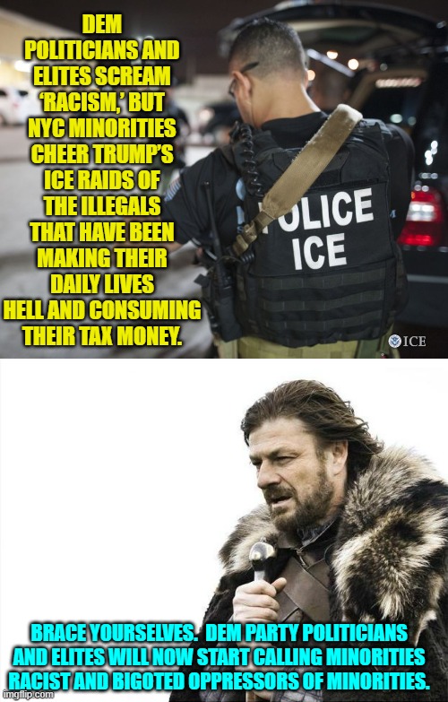 It's now just a matter of time. | DEM POLITICIANS AND ELITES SCREAM ‘RACISM,’ BUT NYC MINORITIES CHEER TRUMP’S ICE RAIDS OF THE ILLEGALS THAT HAVE BEEN MAKING THEIR DAILY LIVES HELL AND CONSUMING THEIR TAX MONEY. BRACE YOURSELVES.  DEM PARTY POLITICIANS AND ELITES WILL NOW START CALLING MINORITIES RACIST AND BIGOTED OPPRESSORS OF MINORITIES. | image tagged in brace yourselves x is coming | made w/ Imgflip meme maker