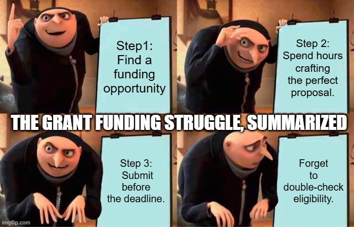 The Grant Funding Struggle, Summarized | Step1: Find a funding opportunity; Step 2: Spend hours crafting the perfect proposal. THE GRANT FUNDING STRUGGLE, SUMMARIZED; Step 3:  Submit before the deadline. Forget to double-check eligibility. | image tagged in memes,gru's plan | made w/ Imgflip meme maker