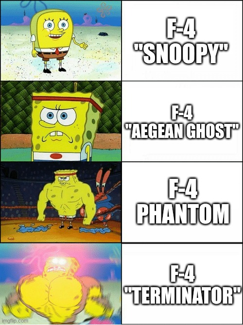 Code/Nicknames of the F-4 Phantom from Normal to Dangerous/Heinous | F-4 "SNOOPY"; F-4 "AEGEAN GHOST"; F-4 PHANTOM; F-4 "TERMINATOR" | image tagged in air force,aviation,memes,increasingly buff spongebob,uhhh | made w/ Imgflip meme maker