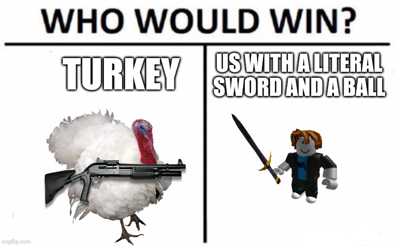 Blocktales logic | TURKEY; US WITH A LITERAL SWORD AND A BALL | image tagged in memes,who would win | made w/ Imgflip meme maker