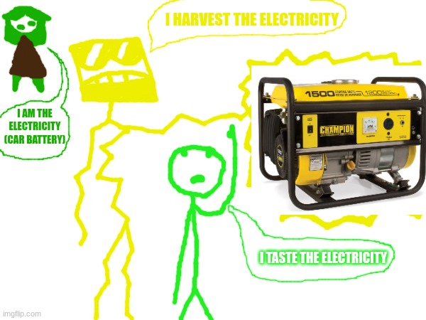 Carline, SQAR, and Jimmy | I HARVEST THE ELECTRICITY; I AM THE ELECTRICITY (CAR BATTERY); I TASTE THE ELECTRICITY | made w/ Imgflip meme maker