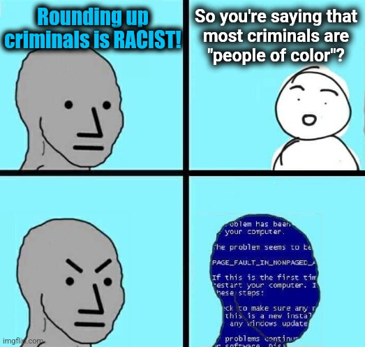 democrat logic | Rounding up criminals is RACIST! So you're saying that
most criminals are
"people of color"? | image tagged in npc blue screen,memes,crime,illegal immigrants,liberal logic | made w/ Imgflip meme maker