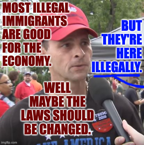 Try this out with your friends to know my frustration. | MOST ILLEGAL
IMMIGRANTS
ARE GOOD
FOR THE
ECONOMY. BUT THEY'RE HERE ILLEGALLY. WELL MAYBE THE LAWS SHOULD BE CHANGED. | image tagged in trump supporter,memes,debate strategies | made w/ Imgflip meme maker