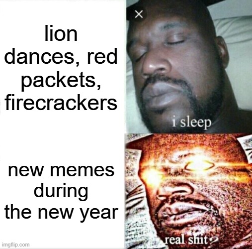 HAPPY LUNAR NEW YEAR TO EVERYONE! | lion dances, red packets, firecrackers; new memes during the new year | image tagged in memes,sleeping shaq,happy new year,chinese new year,new year,new years | made w/ Imgflip meme maker