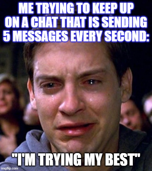 crying guy | ME TRYING TO KEEP UP ON A CHAT THAT IS SENDING 5 MESSAGES EVERY SECOND:; "I'M TRYING MY BEST" | image tagged in funny memes | made w/ Imgflip meme maker