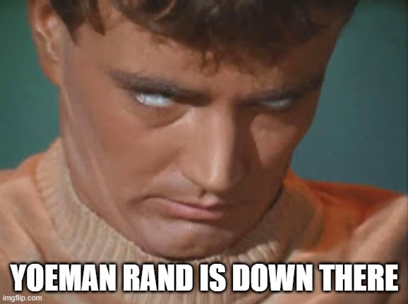 Go Yoeman | YOEMAN RAND IS DOWN THERE | image tagged in star trek os charlie x eye roll | made w/ Imgflip meme maker