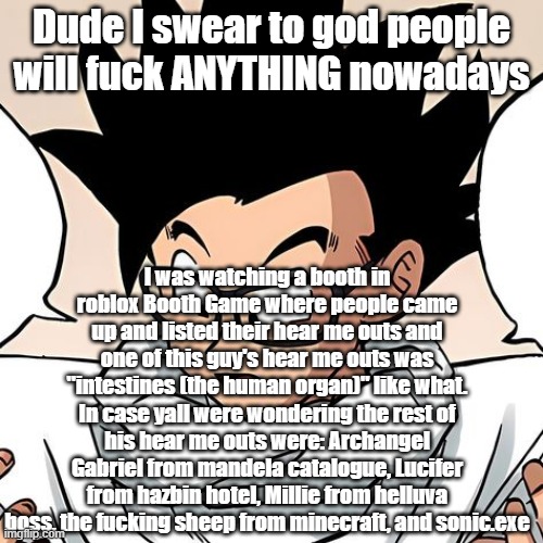 atp someone will see a rock and go 'smash' | Dude I swear to god people will fuck ANYTHING nowadays; I was watching a booth in roblox Booth Game where people came up and listed their hear me outs and one of this guy's hear me outs was "intestines (the human organ)" like what. In case yall were wondering the rest of his hear me outs were: Archangel Gabriel from mandela catalogue, Lucifer from hazbin hotel, Millie from helluva boss, the fucking sheep from minecraft, and sonic.exe | made w/ Imgflip meme maker