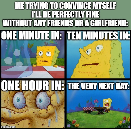 Spongebob - "I Don't Need It" (by Henry-C) | ME TRYING TO CONVINCE MYSELF I'LL BE PERFECTLY FINE WITHOUT ANY FRIENDS OR A GIRLFRIEND:; TEN MINUTES IN:; ONE MINUTE IN:; THE VERY NEXT DAY:; ONE HOUR IN: | image tagged in spongebob - i don't need it by henry-c | made w/ Imgflip meme maker