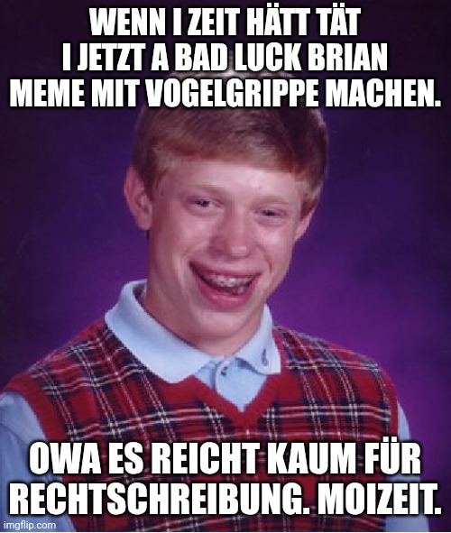 Bad Luck Brian Meme | WENN I ZEIT HÄTT TÄT I JETZT A BAD LUCK BRIAN MEME MIT VOGELGRIPPE MACHEN. OWA ES REICHT KAUM FÜR RECHTSCHREIBUNG. MOIZEIT. | image tagged in memes,bad luck brian | made w/ Imgflip meme maker