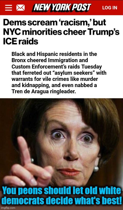 democrats trying to keep minorities on the democrat crime-filled plantation | Black and Hispanic residents in the
Bronx cheered Immigration and
Custom Enforcement’s raids Tuesday
that ferreted out “asylum seekers” with
warrants for vile crimes like murder
and kidnapping, and even nabbed a
Tren de Aragua ringleader. You peons should let old white
democrats decide what's best! | image tagged in nancy pelosi no spending problem,memes,democrats,minorities,crime,illegal immigrants | made w/ Imgflip meme maker