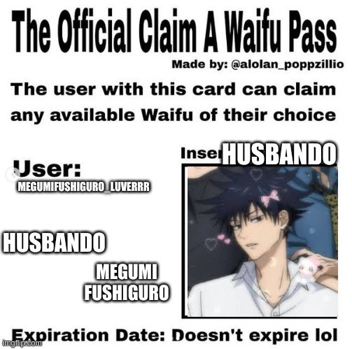 Official claim a waifu pass | HUSBANDO; MEGUMIFUSHIGURO_LUVERRR; HUSBANDO; MEGUMI FUSHIGURO | image tagged in official claim a waifu pass | made w/ Imgflip meme maker