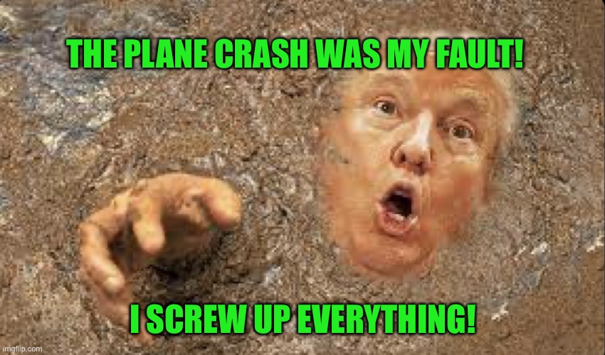 Trump screws up everything | THE PLANE CRASH WAS MY FAULT! I SCREW UP EVERYTHING! | image tagged in trump in quicksand | made w/ Imgflip meme maker