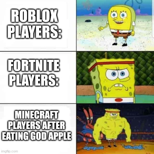 funny | ROBLOX PLAYERS:; FORTNITE PLAYERS:; MINECRAFT PLAYERS AFTER EATING GOD APPLE | image tagged in buff template | made w/ Imgflip meme maker