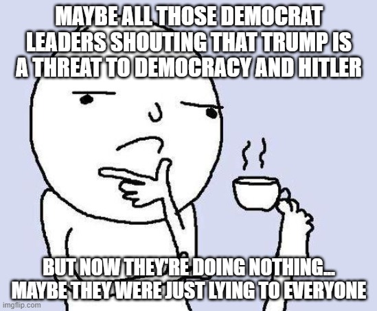 thinking meme | MAYBE ALL THOSE DEMOCRAT LEADERS SHOUTING THAT TRUMP IS A THREAT TO DEMOCRACY AND HITLER; BUT NOW THEY'RE DOING NOTHING...
MAYBE THEY WERE JUST LYING TO EVERYONE | image tagged in thinking meme | made w/ Imgflip meme maker