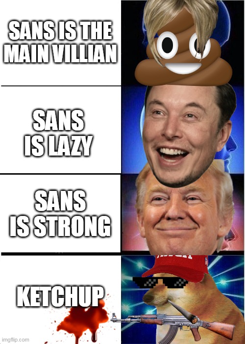 witch is real | SANS IS THE MAIN VILLIAN; SANS IS LAZY; SANS IS STRONG; KETCHUP | image tagged in memes,expanding brain | made w/ Imgflip meme maker