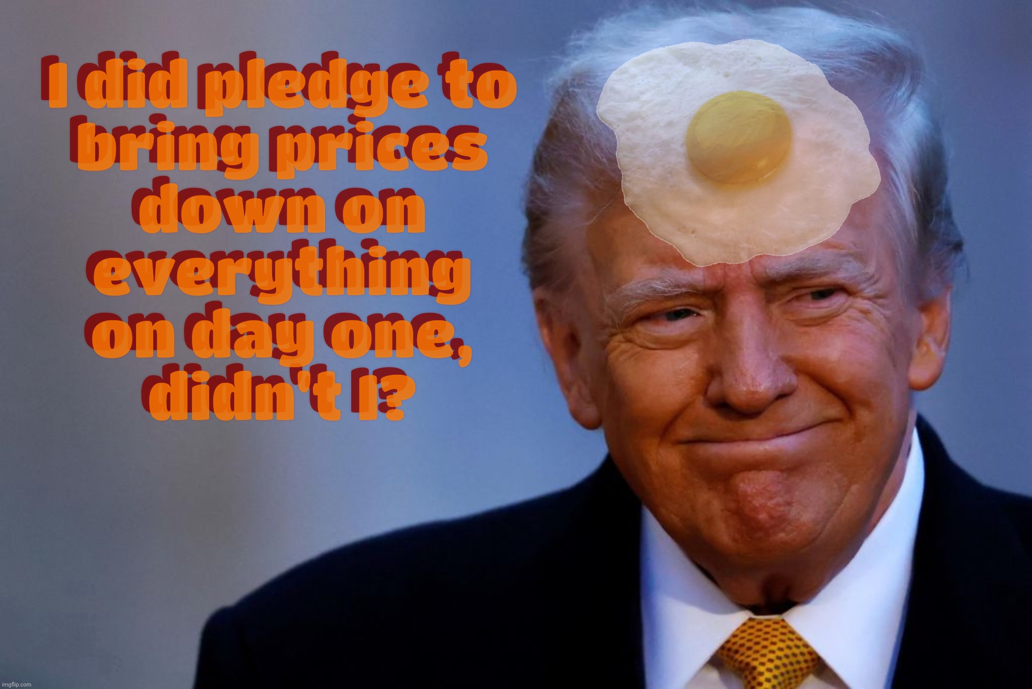 I did pledge to
bring prices
down on
everything
on day one,
didn't I? I did pledge to
bring prices
down on
everything
on day one,
didn't I? | made w/ Imgflip meme maker