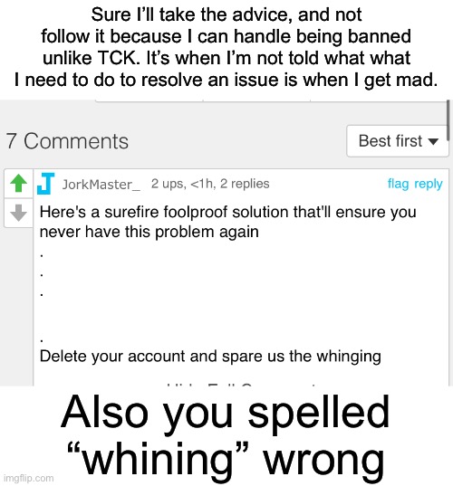 Example: rebanning me while I’m offline just to tell me “you didn’t delete this image” when you could have told me to do it the  | Sure I’ll take the advice, and not follow it because I can handle being banned unlike TCK. It’s when I’m not told what what I need to do to resolve an issue is when I get mad. Also you spelled “whining” wrong | made w/ Imgflip meme maker