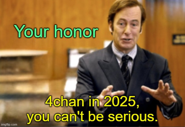 . | Your honor; 4chan in 2025, you can't be serious. | image tagged in saul goodman defending | made w/ Imgflip meme maker