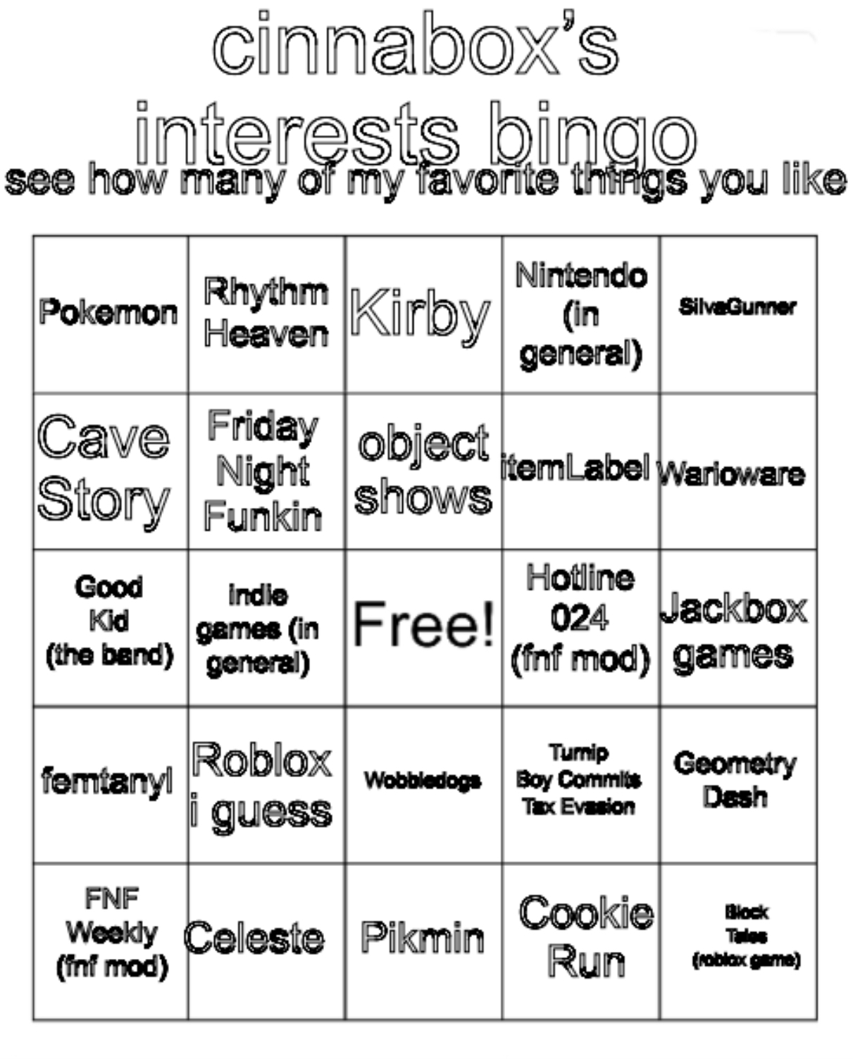 cinnabox’s interests bingo Blank Meme Template