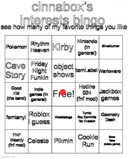 cinnabox’s interests bingo | image tagged in cinnabox s interests bingo | made w/ Imgflip meme maker