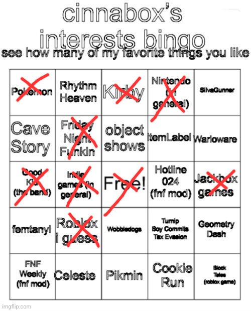 cinnabox’s interests bingo | image tagged in cinnabox s interests bingo | made w/ Imgflip meme maker