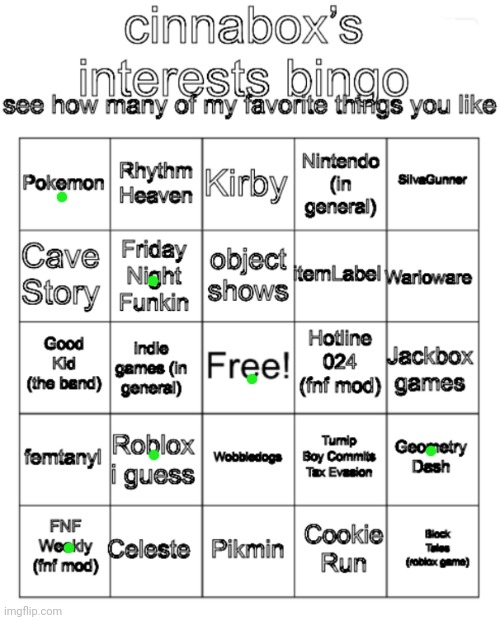 cinnabox’s interests bingo | image tagged in cinnabox s interests bingo | made w/ Imgflip meme maker