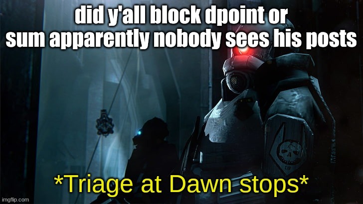 Triage at Dawn stops | did y'all block dpoint or sum apparently nobody sees his posts | image tagged in triage at dawn stops | made w/ Imgflip meme maker