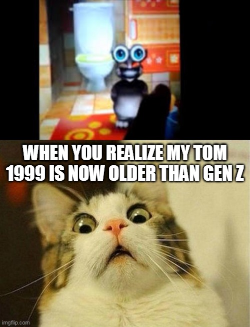 WHEN YOU REALIZE MY TOM 1999 IS NOW OLDER THAN GEN Z | image tagged in my talking tom 1999,memes,scared cat | made w/ Imgflip meme maker