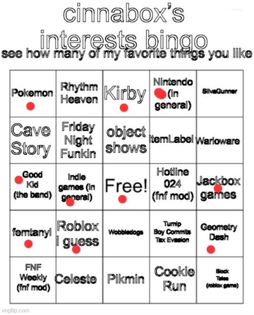 cinnabox’s interests bingo | image tagged in cinnabox s interests bingo | made w/ Imgflip meme maker