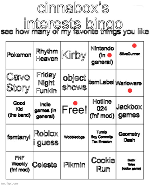 cinnabox’s interests bingo | image tagged in cinnabox s interests bingo | made w/ Imgflip meme maker