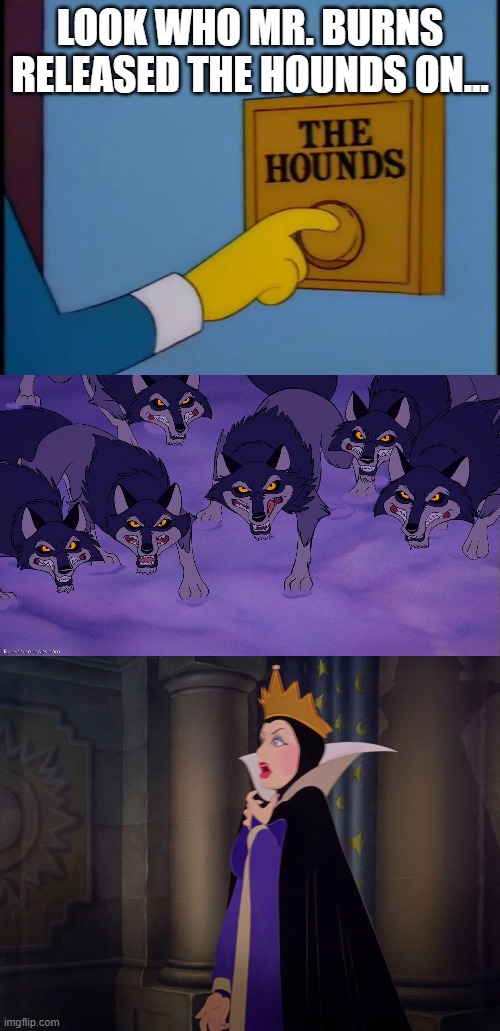 Look who Mr. Burns released the hounds on | LOOK WHO MR. BURNS
RELEASED THE HOUNDS ON... | image tagged in mr burns,the hounds,the simpsons,evil queen,snow white,disney | made w/ Imgflip meme maker