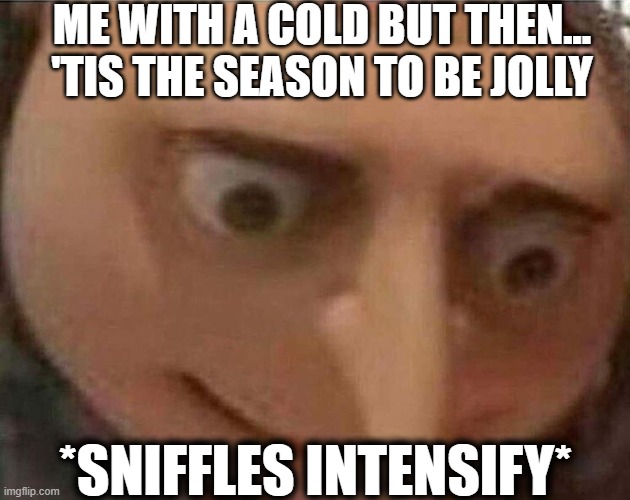 gru meme | ME WITH A COLD BUT THEN...
'TIS THE SEASON TO BE JOLLY; *SNIFFLES INTENSIFY* | image tagged in gru meme,relatable,relatable memes,funny,funny memes | made w/ Imgflip meme maker