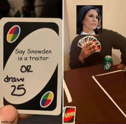 UNO Draw 25 Cards Meme | Say Snowden is a traitor | image tagged in memes,uno draw 25 cards | made w/ Imgflip meme maker