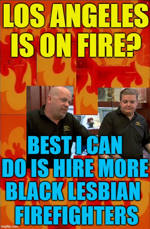 This is fine... | LOS ANGELES IS ON FIRE? BEST I CAN DO IS HIRE MORE BLACK LESBIAN; FIREFIGHTERS | image tagged in pawn stars best i can do,political meme,los angeles,fire,gavin newsom | made w/ Imgflip meme maker