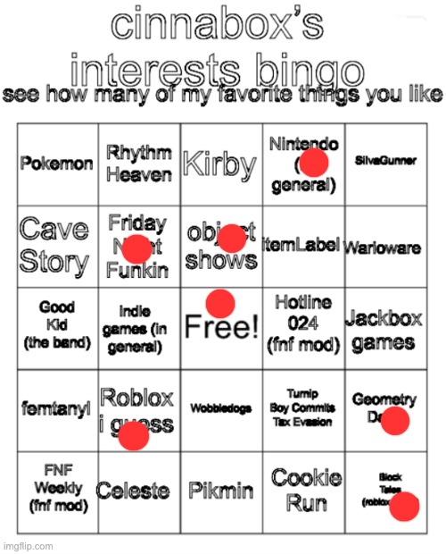 cinnabox’s interests bingo | image tagged in cinnabox s interests bingo | made w/ Imgflip meme maker