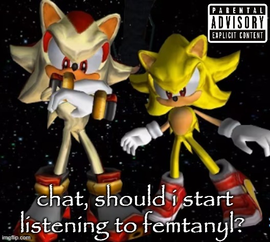sonic n shadow | chat, should i start listening to femtanyl? | image tagged in sonic n shadow | made w/ Imgflip meme maker