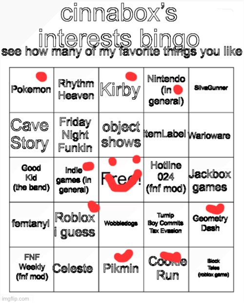 cinnabox’s interests bingo | image tagged in cinnabox s interests bingo | made w/ Imgflip meme maker