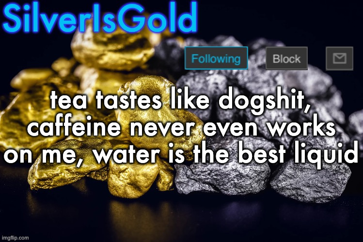 Silver’s Nostalgia Template | tea tastes like dogshit, caffeine never even works on me, water is the best liquid | image tagged in silver s nostalgia template | made w/ Imgflip meme maker
