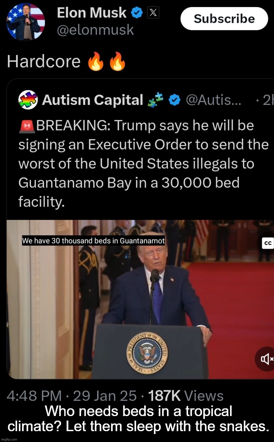 Who needs beds in a tropical climate? | image tagged in gitmo,guantanamo,deportation,stupid criminals,elon musk,donald trump approves | made w/ Imgflip meme maker