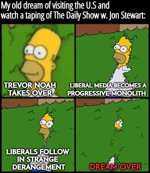 The U.S is not a safe place to walk or think. Damn Democrats betrayed it with its full media control | My old dream of visiting the U.S and watch a taping of The Daily Show w. Jon Stewart:; LIBERAL MEDIA BECOMES A; TREVOR NOAH TAKES OVER; PROGRESSIVE MONOLITH; LIBERALS FOLLOW 
IN STRANGE 
DERANGEMENT; DREAM OVER | image tagged in america,progressives,homer simpson in bush - large | made w/ Imgflip meme maker