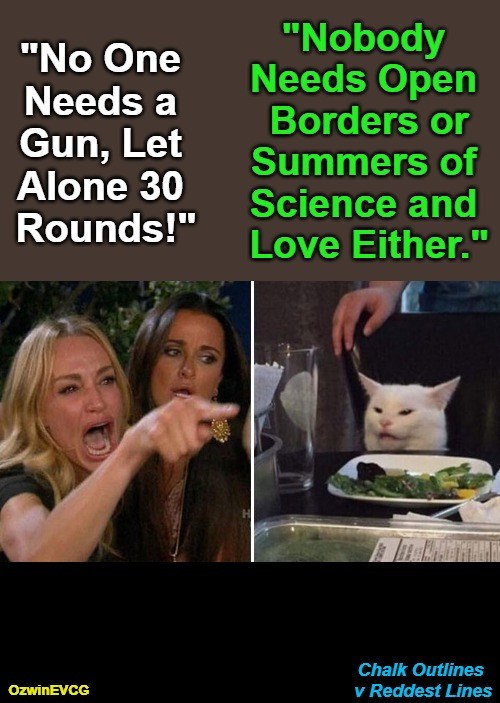 Chalk Outlines v Reddest Lines | image tagged in woman yelling at cat,guns,self defense,liberal logic,summer of science and love,repost | made w/ Imgflip meme maker