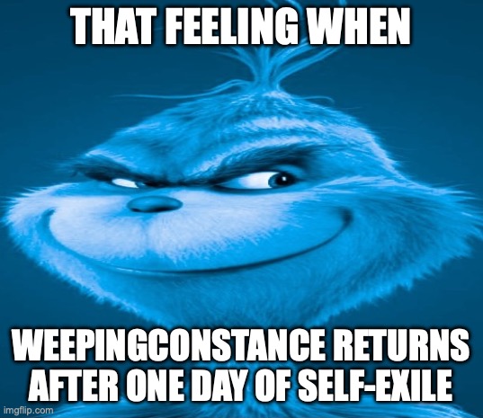 *peeks out from your walls* | THAT FEELING WHEN; WEEPINGCONSTANCE RETURNS AFTER ONE DAY OF SELF-EXILE | image tagged in blue grinch | made w/ Imgflip meme maker