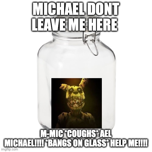 Glass Jar | MICHAEL DONT LEAVE ME HERE; M-MIC *COUGHS* AEL

MICHAEL!!!! *BANGS ON GLASS* HELP ME!!!! | image tagged in glass jar | made w/ Imgflip meme maker